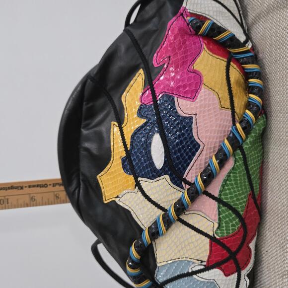 Vintage Leather Bag Statement Abstract Multi Color Shoulder Crossbody Purse - Picture 9 of 10
